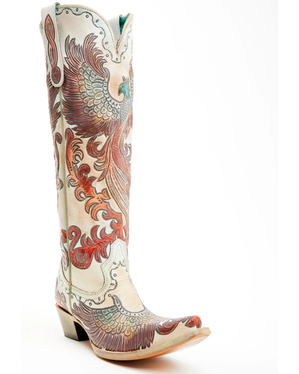 White Hand Tooled And Painted Tall Western Boot Snip Toe U495523