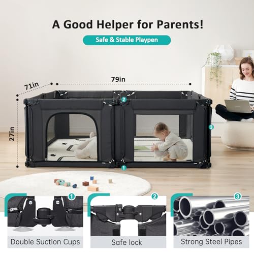 Black Adjustable Large Baby Playpen with Breathable Mesh O58538