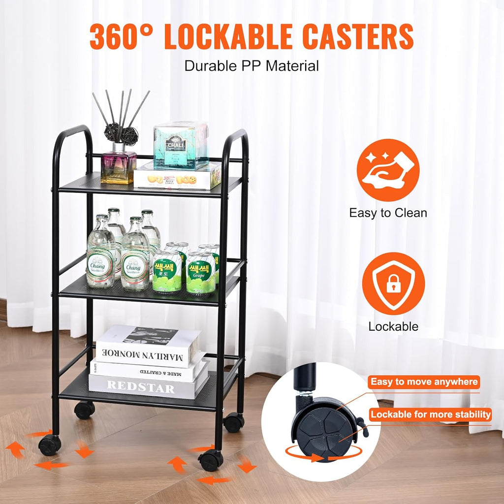Black 3-Tier Metal Rolling Cart with Lockable Wheels A112473