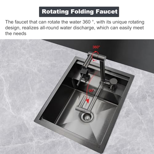 Black 17.32×14.17×7.87 Inch Single Bowl Kitchen Sink with Faucet and Stainless Steel Cover Plate U739