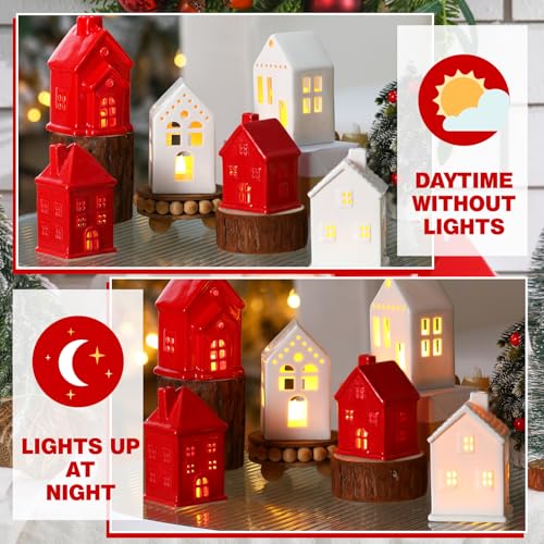 6 Pcs Ceramic LED Lighted Christmas Village Houses Green and White F2188