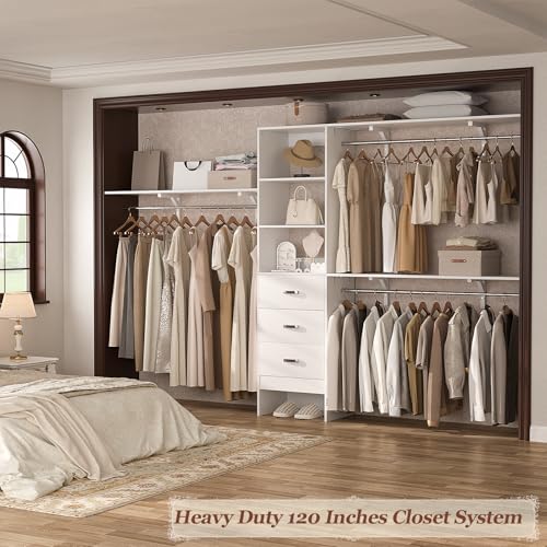 120 Inches Closet System with 3 Shelving Towers, Heavy Duty Clothes Rack with 3 Drawers, White Oak T1744