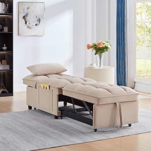 4-in-1 Folding Velvet Sleeper Chair Bed with Storage Pockets R1024