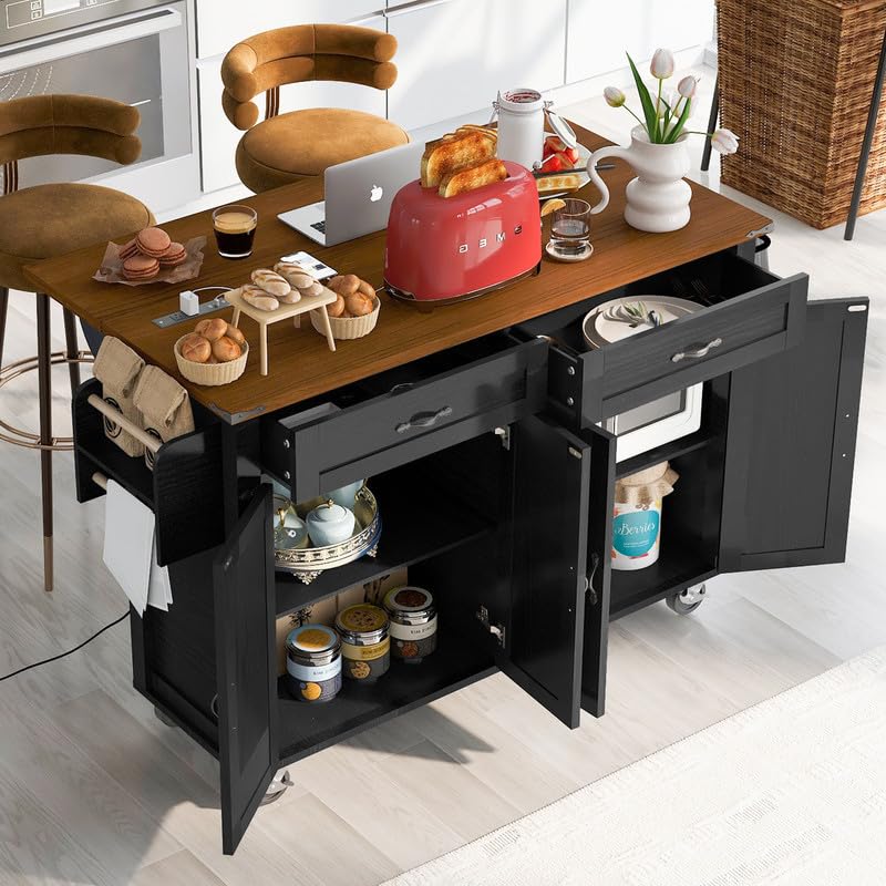 Black Farmhouse Kitchen Island with Power Outlet and Drop Leaf R30551