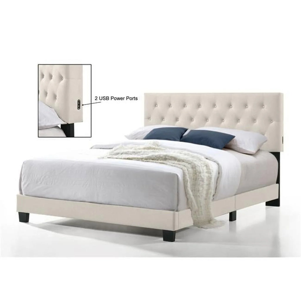 Beige Twin Size Linen Bed with USB Power Connection F87852