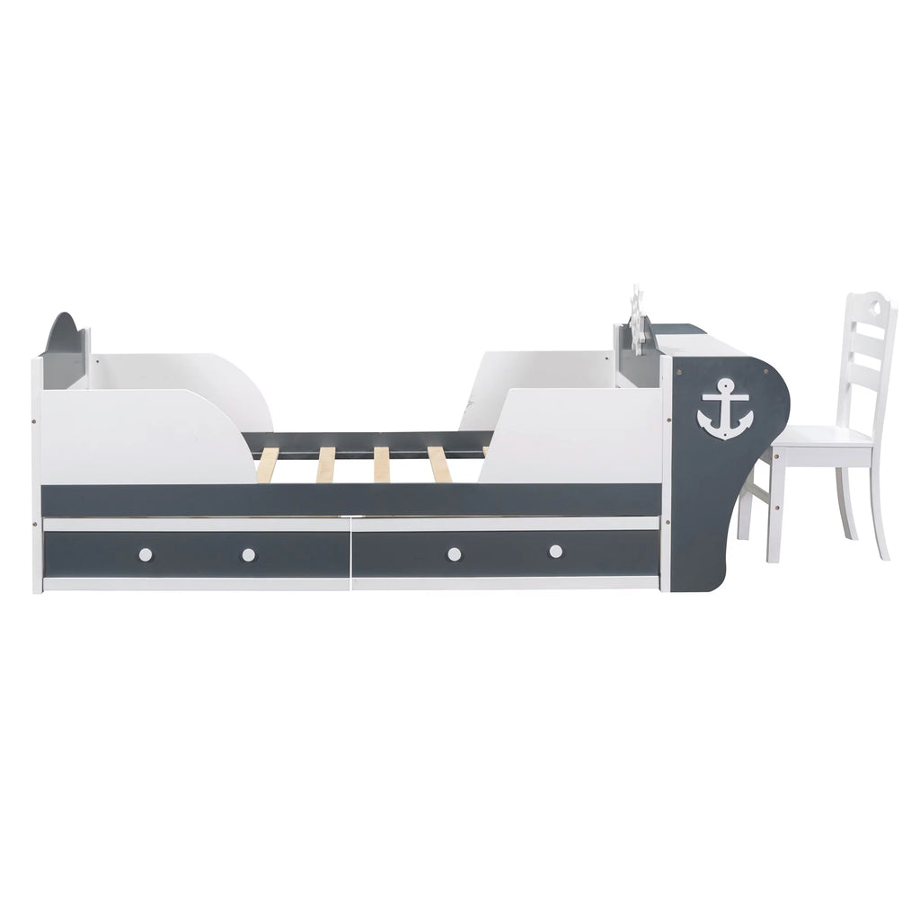 White Gray Twin Size Platform Bed with Two Drawers H973536