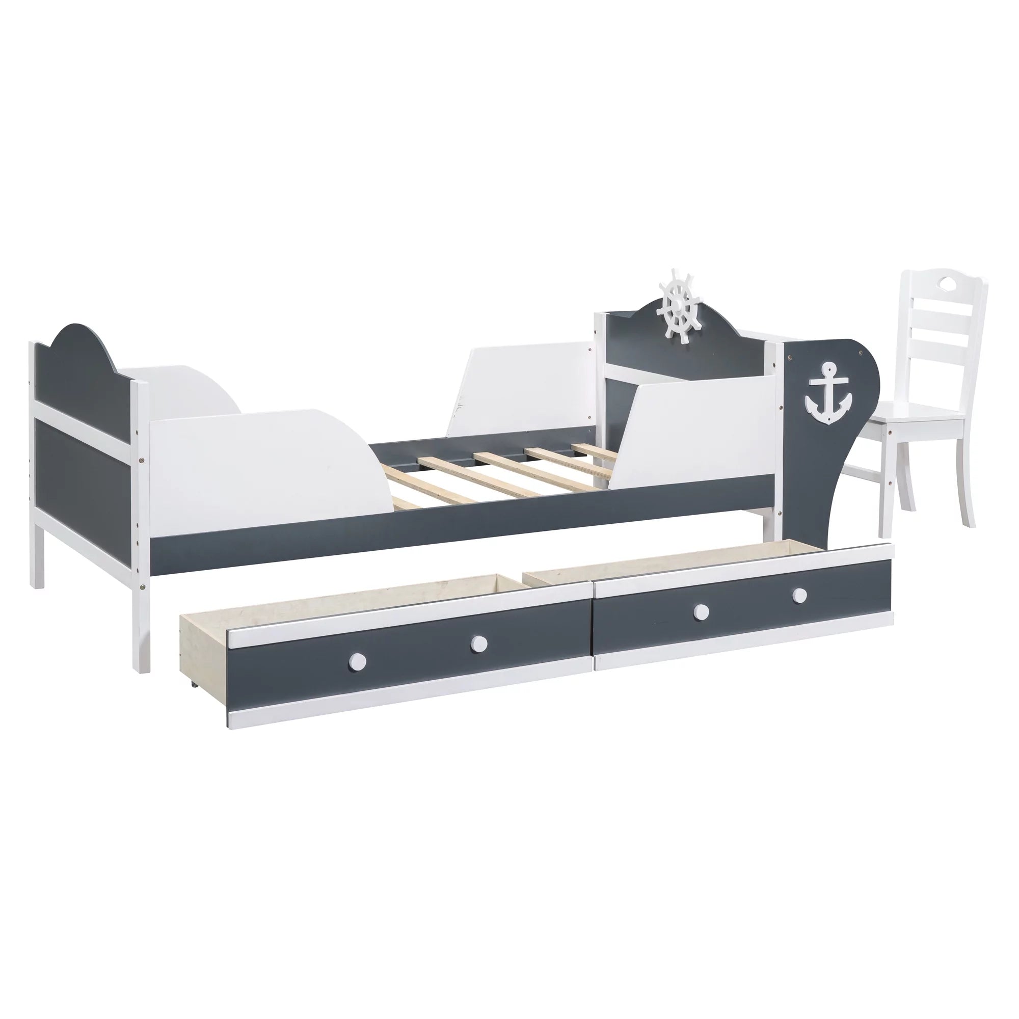 White Gray Twin Size Platform Bed with Two Drawers H973536