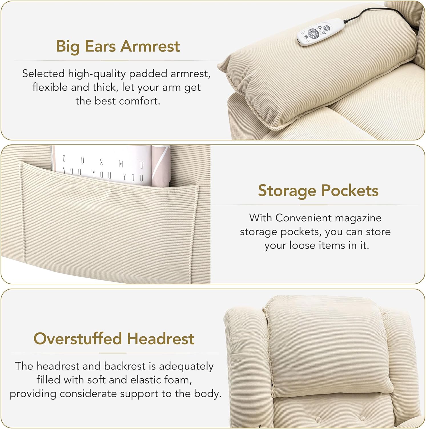Beige Power Lift Massage Recliner Chair R3311