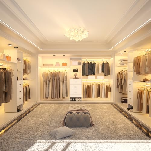 120 Inches Closet System with 3 Shelving Towers, Heavy Duty Clothes Rack with 3 Drawers, White Oak T1744