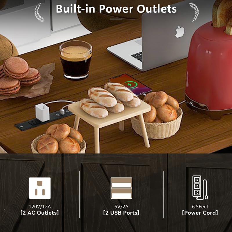 Black Farmhouse Kitchen Island with Power Outlet and Drop Leaf R30551