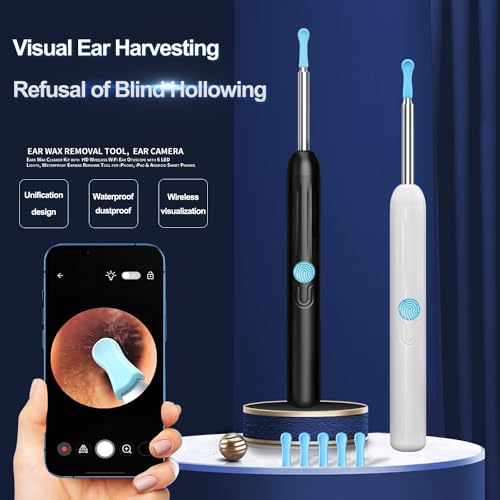 Black Wireless Ear Otoscope with Camera and 8 Pcs Ear Set T4977