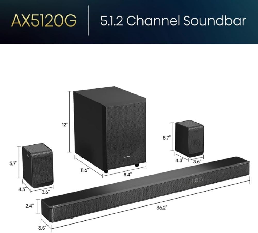 5.1.2 Ch 420W Soundbar with Wireless Subwoofer and Wireless Rear Satellite Speakers, Black A818164