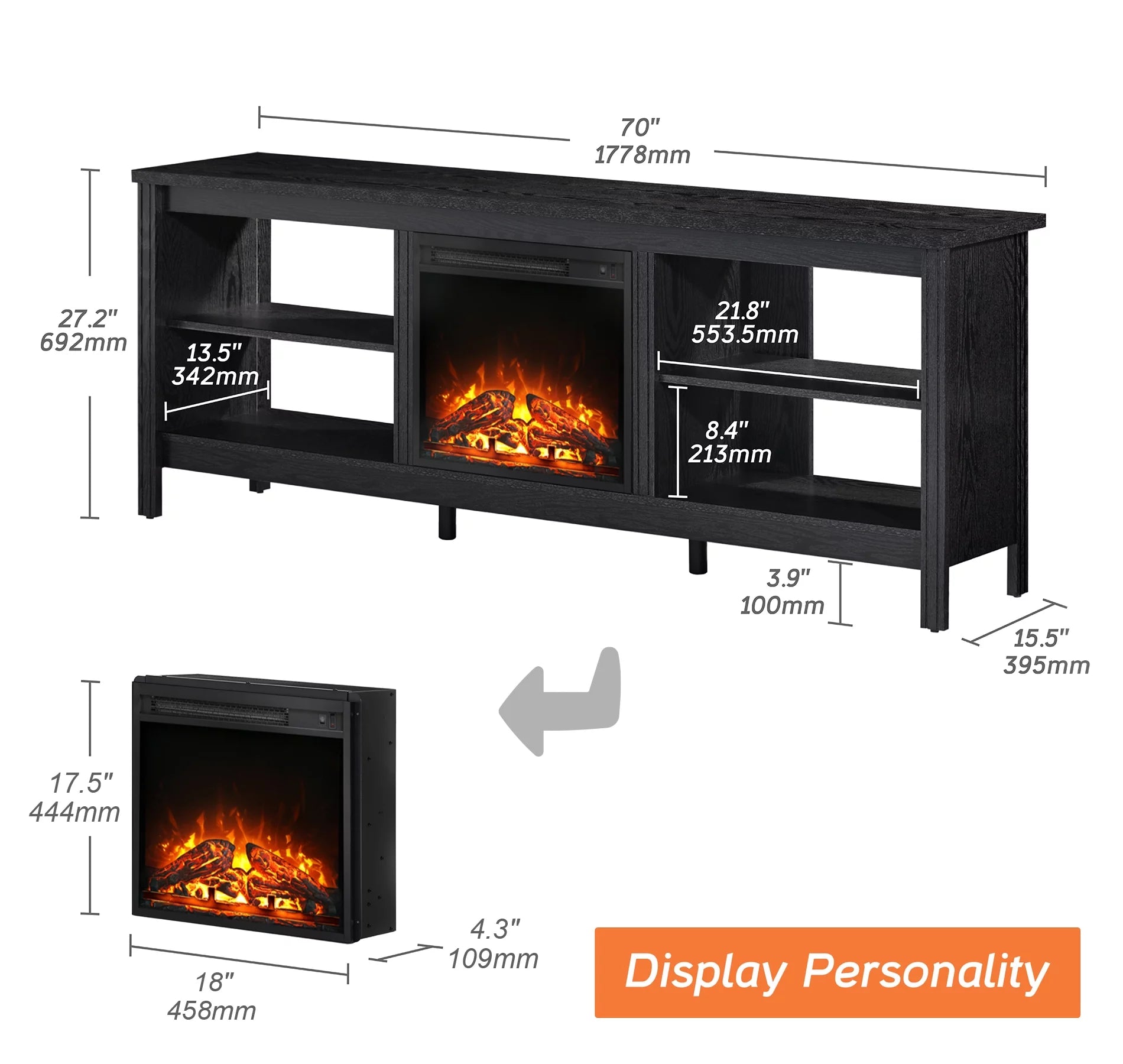 Black 70 inch Wood Electric Fireplace TV Stand L44036