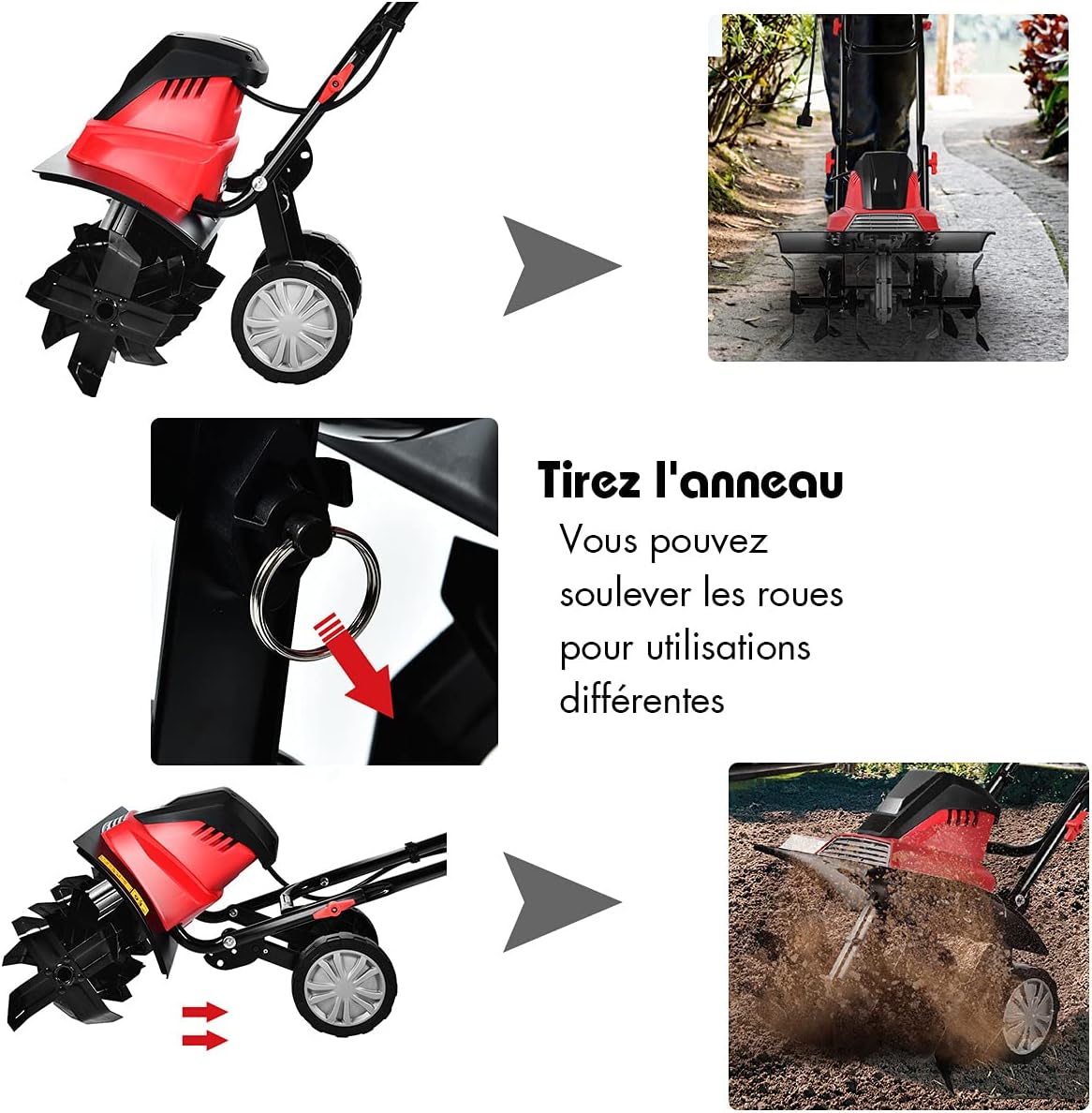 Electric Tiller 1500 W 400 RPM 22 CM 43 CM 6 Blades Foldable Handle Safety Button R2445