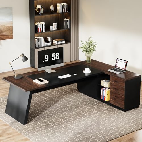 78" L-Shaped Executive Desk with Drawers and Lateral File Cabinet, Walnut & Black I747