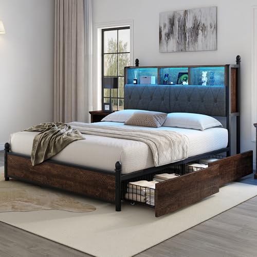 Full Size Bed Frame with Bookcase Headboard, 4 Storage Drawers, Wooden Platform Bed with Charging Station & LED Light, Rustic Brown W842