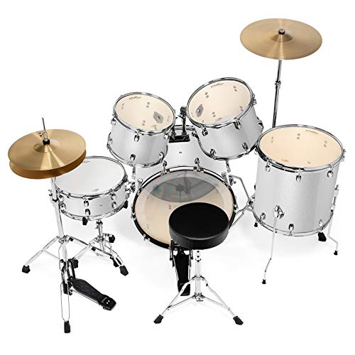 5-Piece Full Size Adult Drum Set with Remo Heads & Premium Brass Cymbals - Silver L425