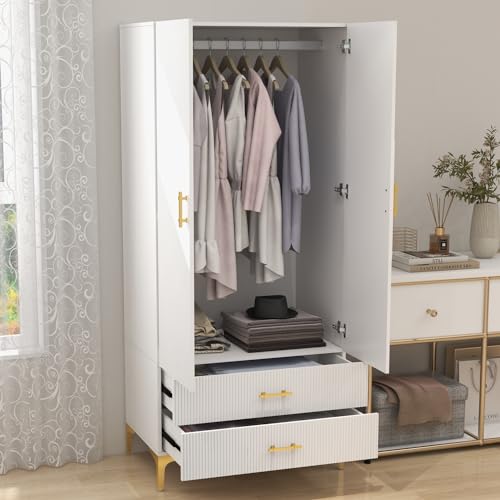 White 2 Door Freestanding Wardrobe with Two Drawers & Hanging Rod S630702