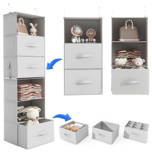 6-Shelf Hanging Closet Organizer with 3 Removable Drawers and 4 Side Pockets, Light Gray D7693