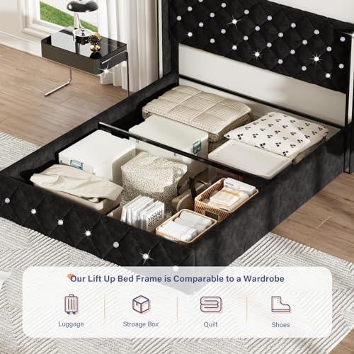 Black Velvet Full Size Lift Up Storage Bed Frame Y270023