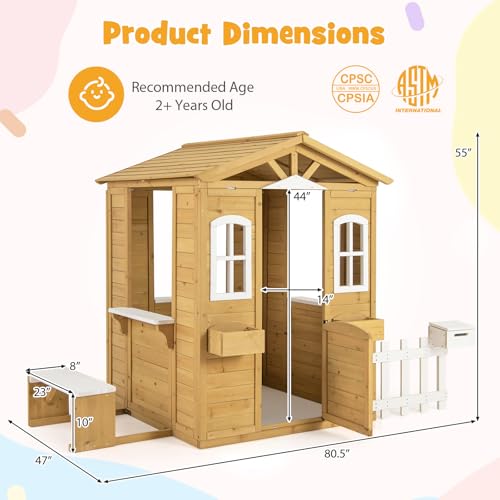 Fir Wood Outdoor Playhouse with Bench, Mailbox, Fence, Windows & Door P625210