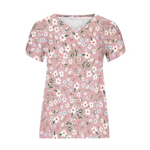Women's Casual Summer Petal Short Sleeve V Neck Floral Boho Loose Tunic Blouses Q224384