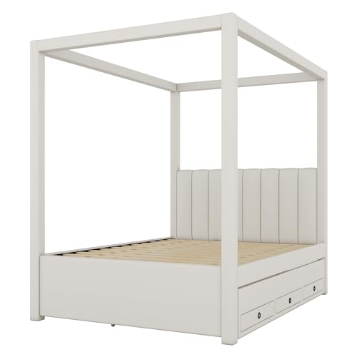 Beige Twin Size 4 Poster Canopy Bed with Upholstery Headboard, Trundle and 3 Drawers I131696