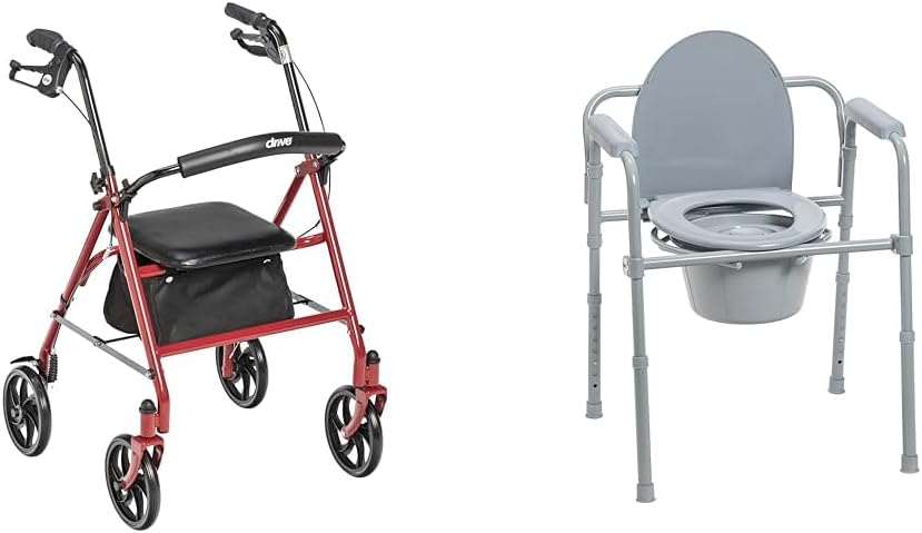 4 Wheel Rollator Walker with Seat, Steel Rolling Walker, Height Adjustable Folding Steel Bedside Commode Chair, Portable Toilet G2142