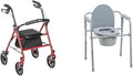 4 Wheel Rollator Walker with Seat, Steel Rolling Walker, Height Adjustable Folding Steel Bedside Commode Chair, Portable Toilet G2142