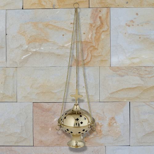 Brass Hanging Censer Incense Burner with Cross, 12 Inch Chain G701692