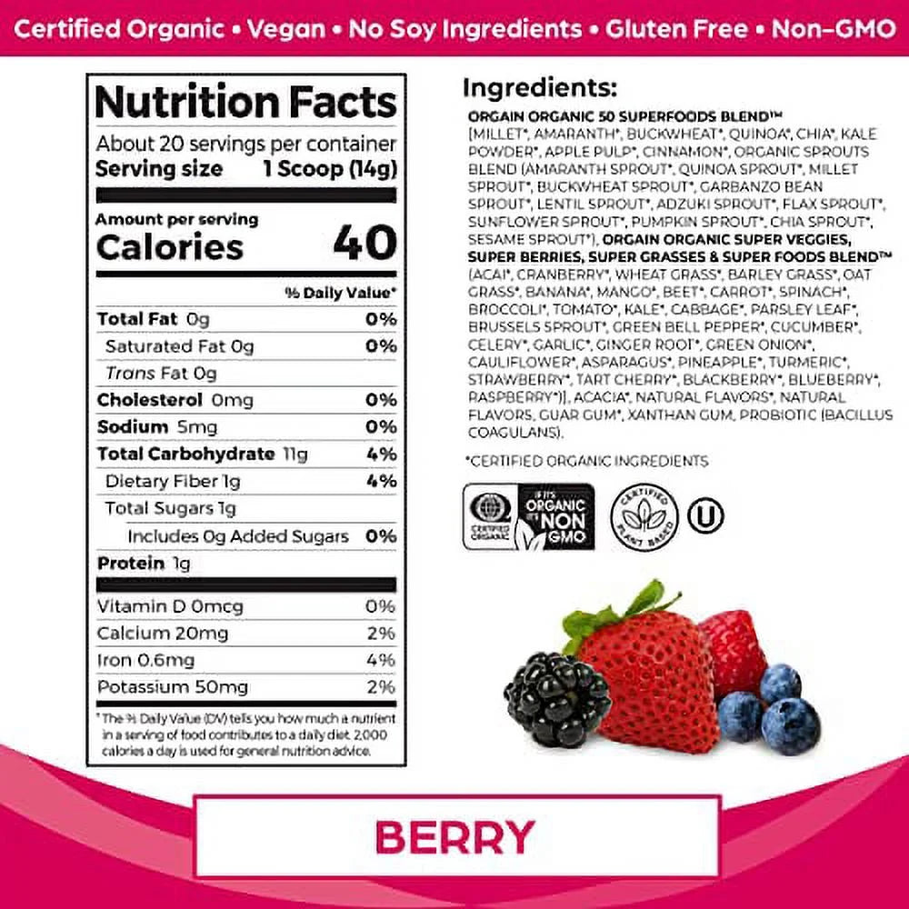 Organic Green Superfoods Powder, Berry, 0.62 Pound G47711