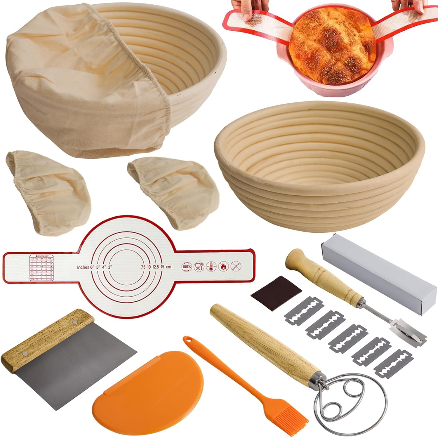 16PCS Bread Proofing Basket Kit with Linen Liner, Dough Scraper, Bread Lame H7568