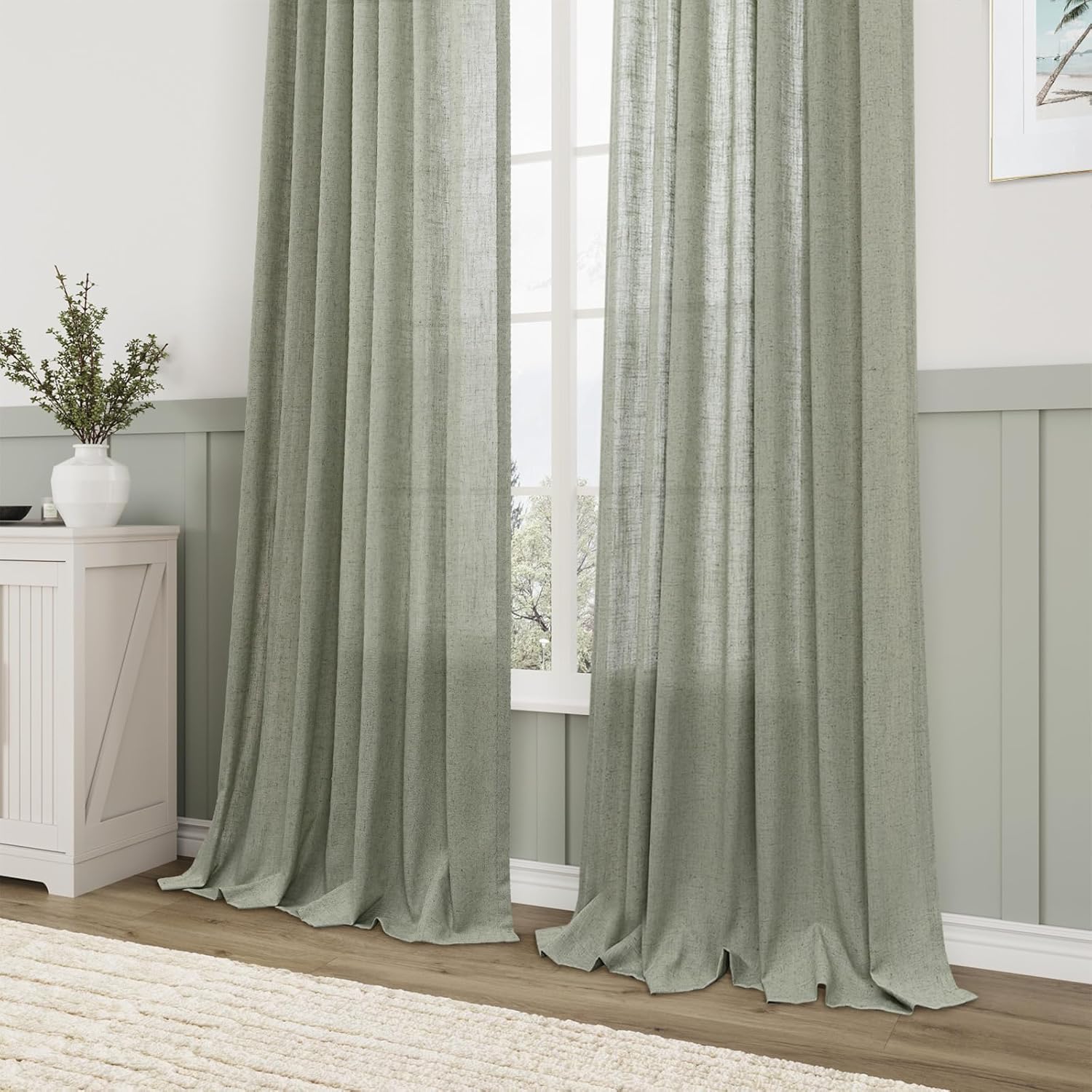Sage Green Semi Sheer Linen Curtains 84 Inch Length 2 Panels Set Back Pocket 52x84 X56314