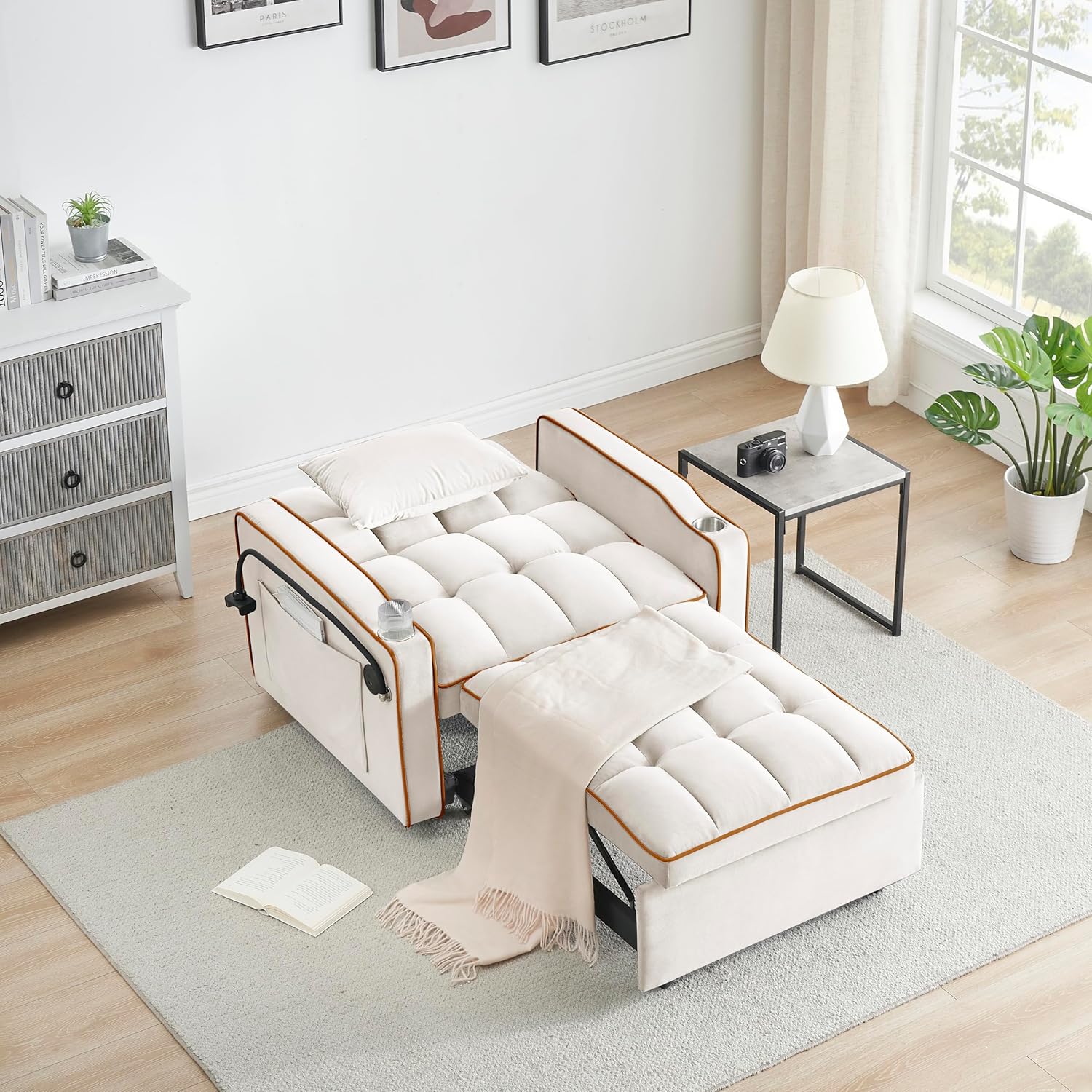 Twin Size Pull Out Sofa Bed Chair, Velvet Convertible Sleeper Chair Bed S634