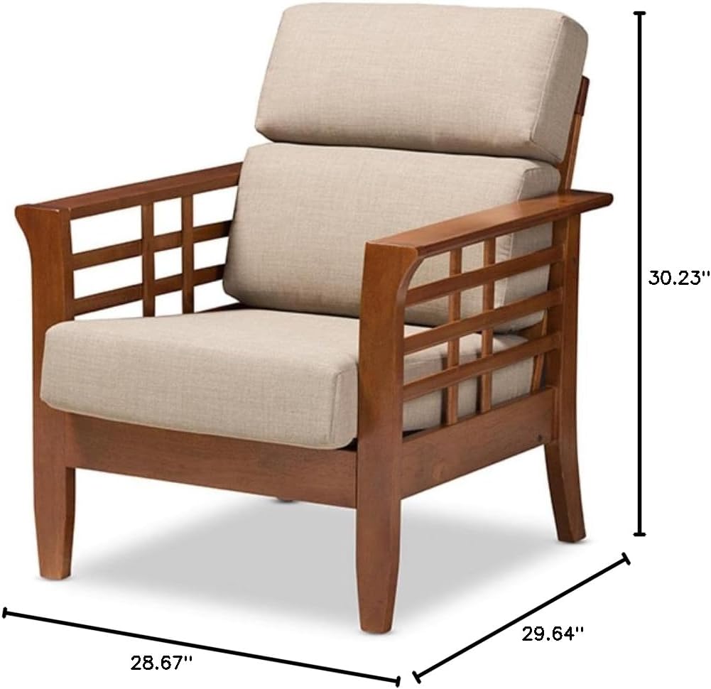 Cherry Finished Brown Wood and Dark Beige Fabric High Back 1-Seater Lounge Chair W56091