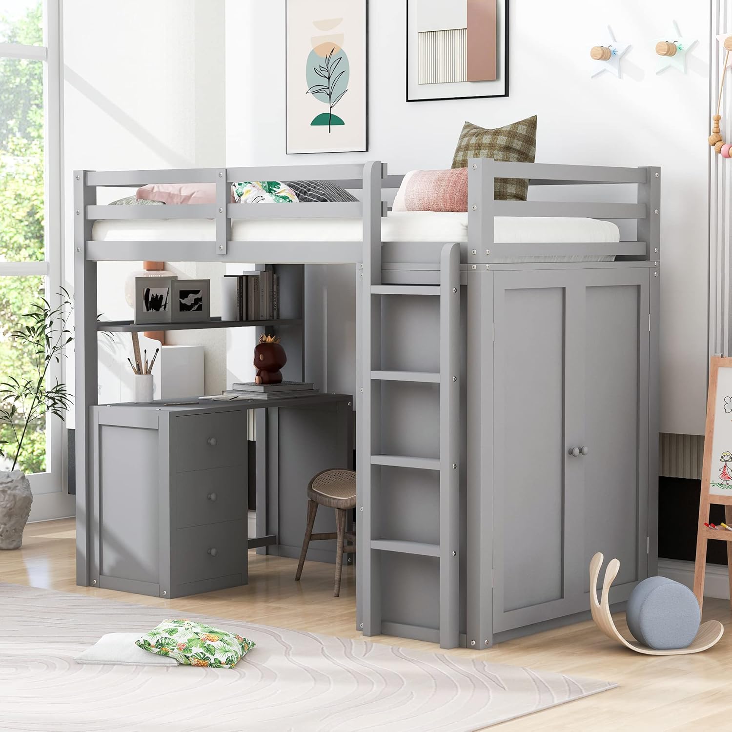 Gray Twin Loft Bed with Desk, 3 Drawers, and Wardrobe I899