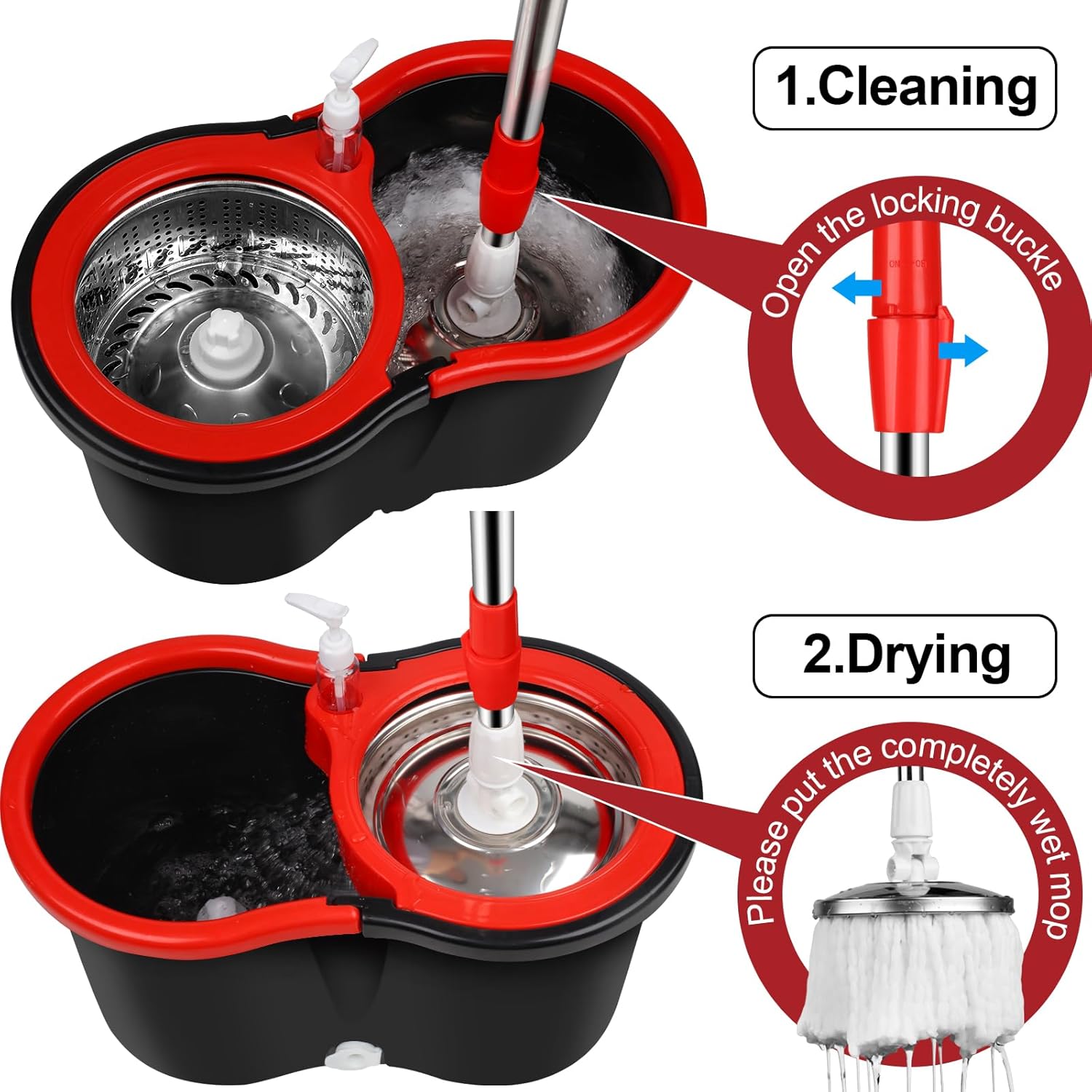 Black 20QT Mop Bucket with Wringer Set and 3 Microfiber Mop Head S4838