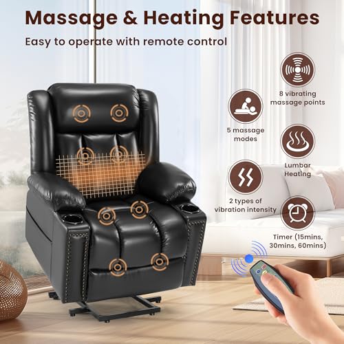 Black Leather Power Lift Recliner with Heat and Massage K149