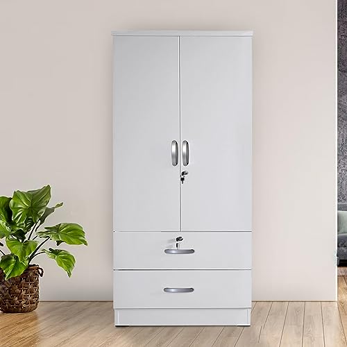 White 2-Door Wardrobe Armoire with 2-Drawers O765689