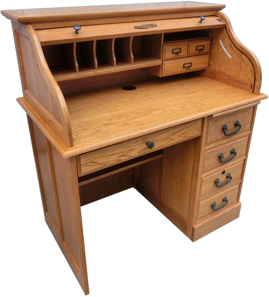 Solid Oak Wood Roll Top Desk with Locking File Drawers F5786