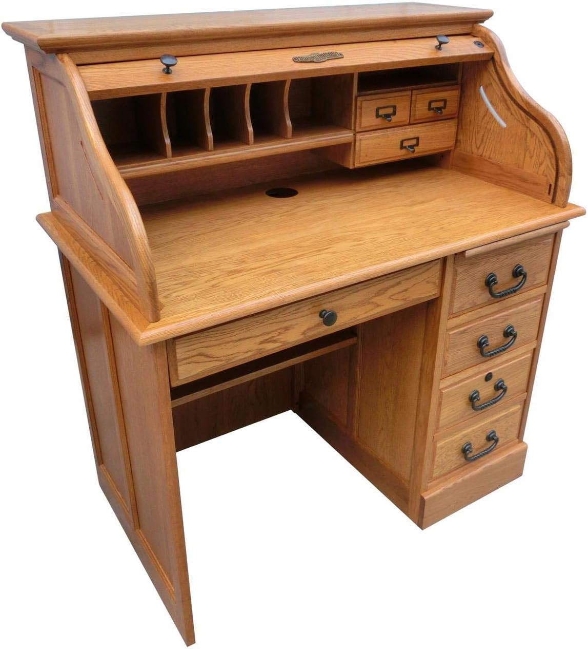 Solid Oak Wood Roll Top Desk with Locking File Drawers F5786