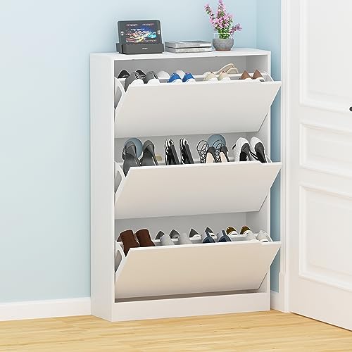White 3 Flip Drawers Freestanding Shoe Storage Cabinet Z929474