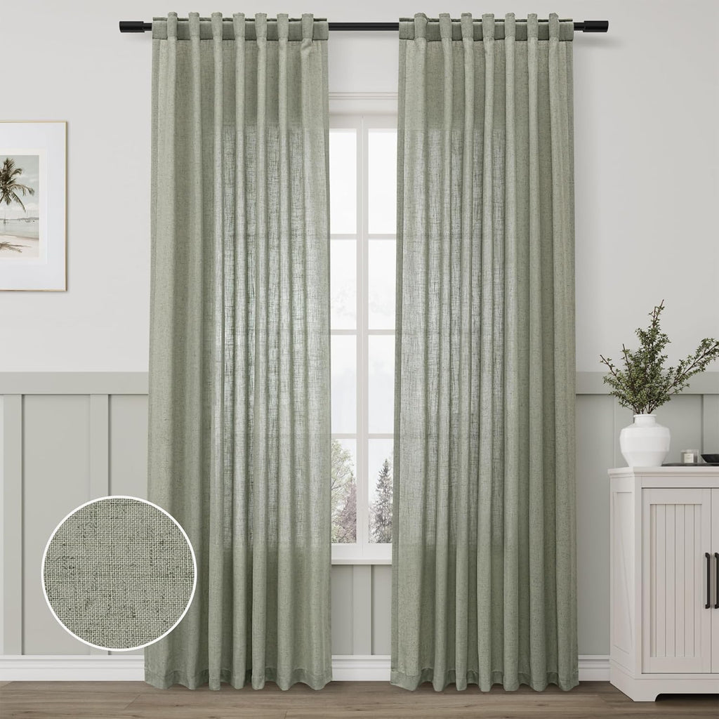 Sage Green Semi Sheer Linen Curtains 84 Inch Length 2 Panels Set Back Pocket 52x84 X56314
