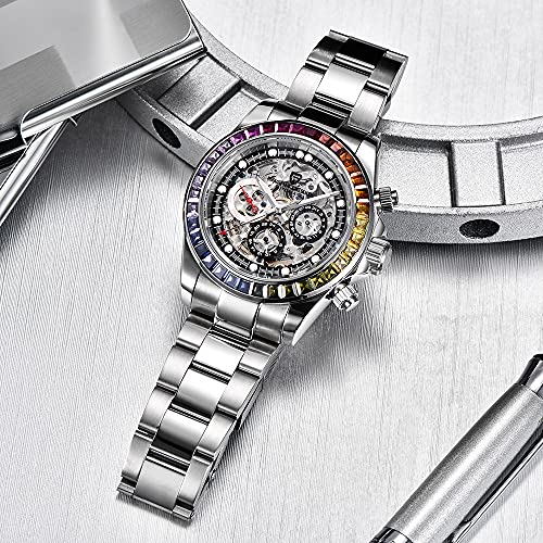 Skeleton Automatic Watch, Diamond Bezel Stainless Steel 100M Waterproof Self Winding Wrist Watch G7528