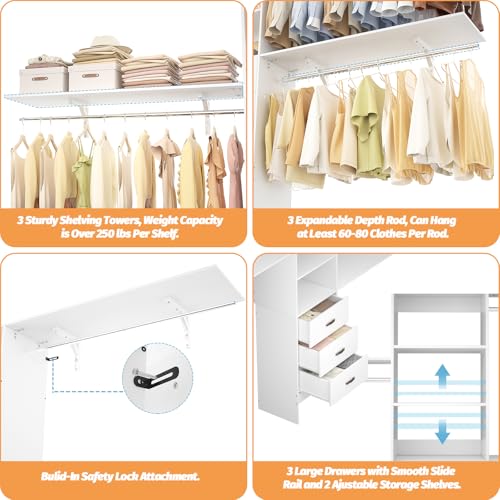 120 Inches Closet System with 3 Shelving Towers, Heavy Duty Clothes Rack with 3 Drawers, White Oak T1744