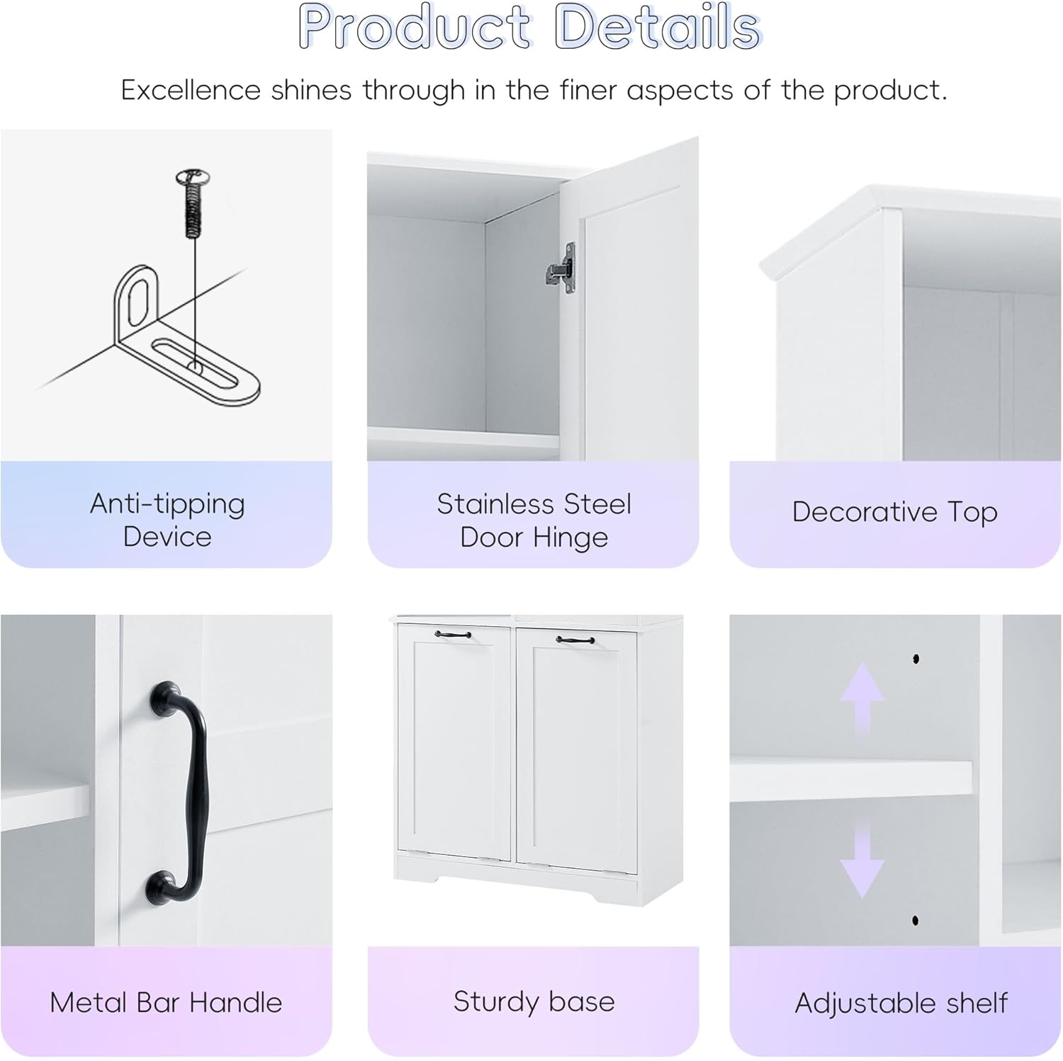 White Tall Bathroom Storage Cabinet with Laundry Hamper G1606