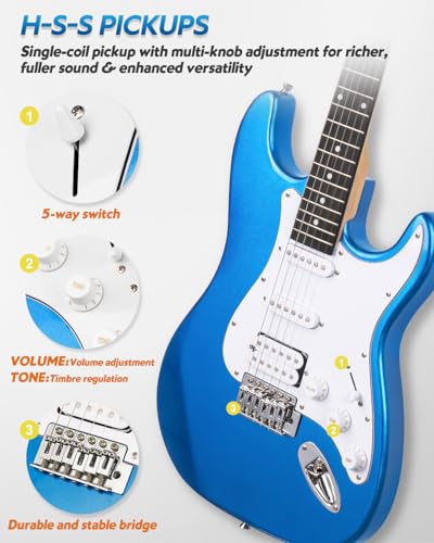 39" Full Size Electric Guitar HSS Pick Up with 10W Amp, Bag, Digital Tuner, Capo, Strap, String, Cable, Picks J817