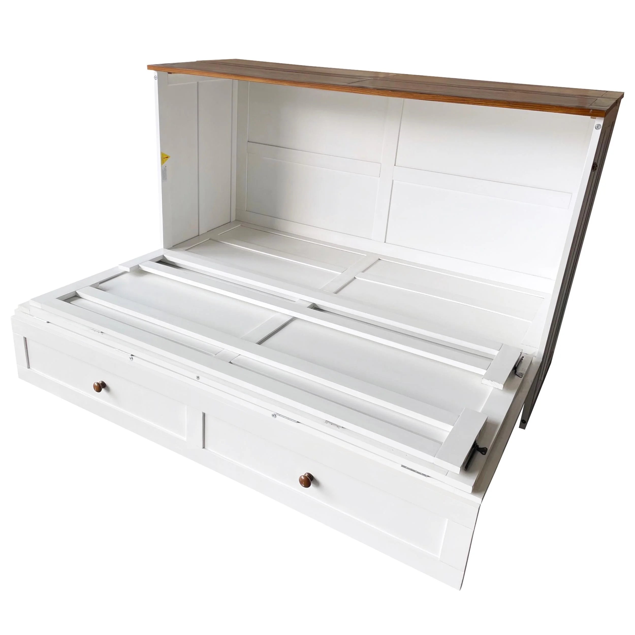 White+Walnut Solid Wood Queen Size Murphy Bed with Storage Drawer Y192053