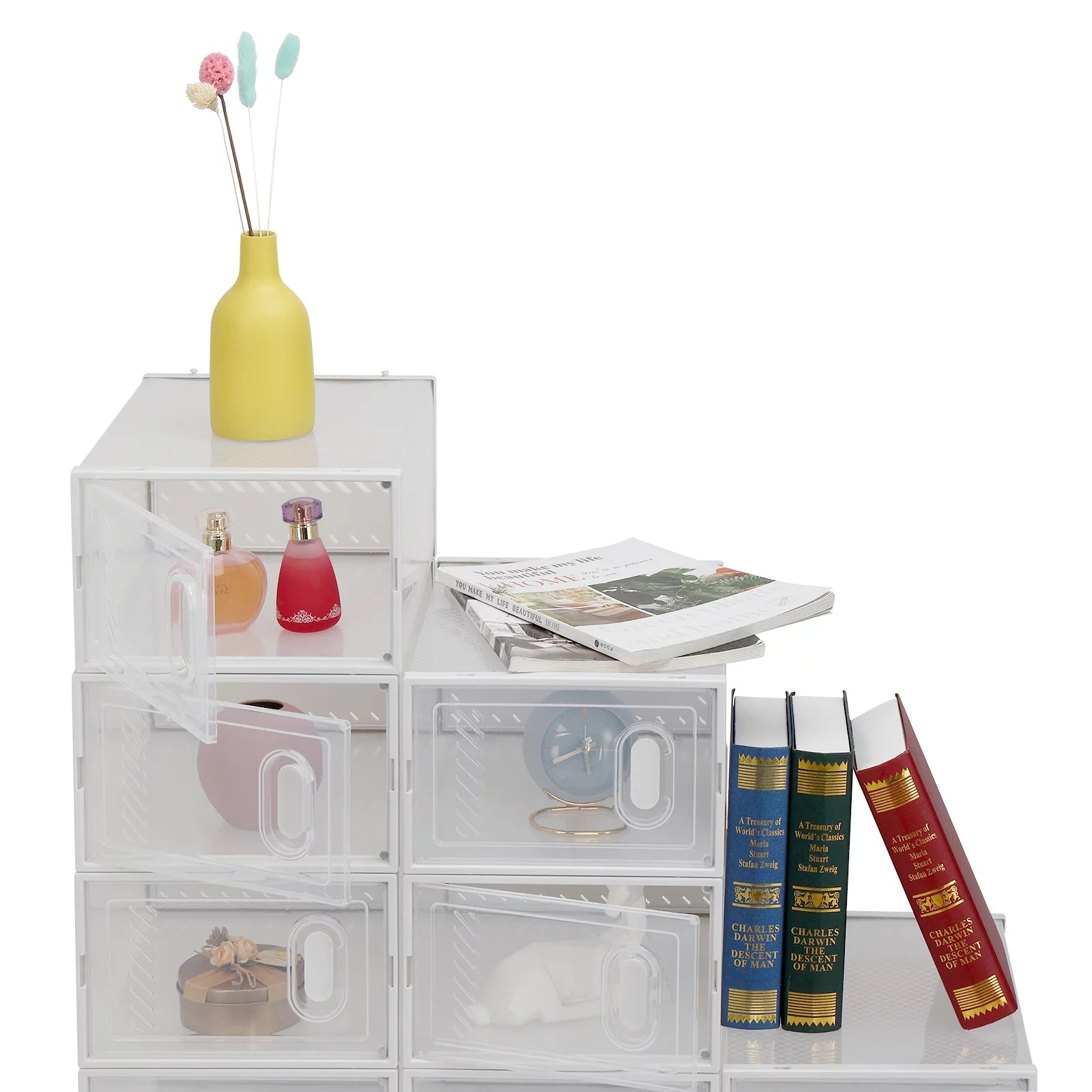 12 Packs White Clear Lid Foldable Stackable Shoe Storage Boxes Z28607