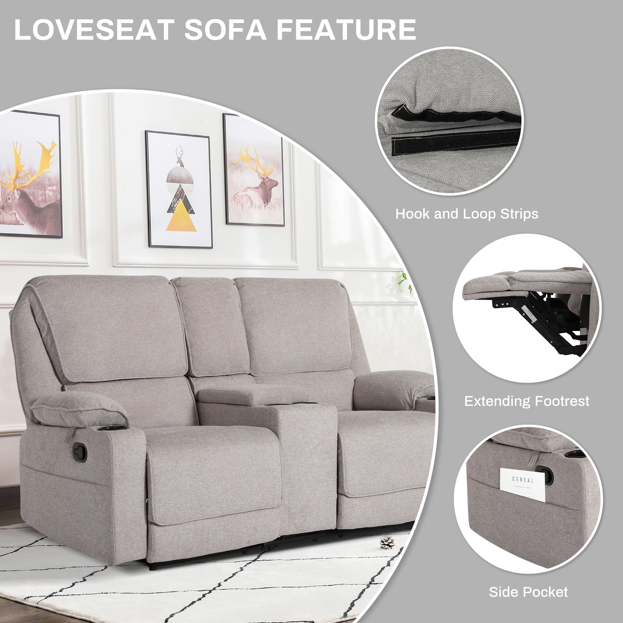 Light Gray 2 Seater Manual Reclining Sofa with Cup Holders T64401